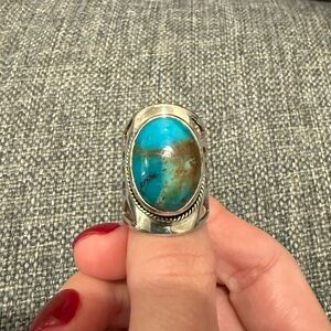 SJ 925 Turquoise Sterling Silver Openwork Geometric Pattern Band Sz 5.5